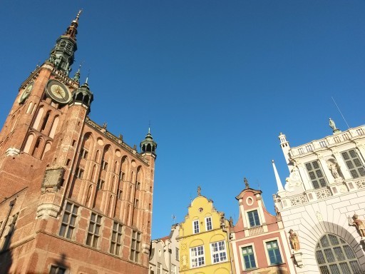 I tetti della Długi Targ: la piazza del mercato lungo. Vista dal basso di municipio, palazzi e Casa d'oro